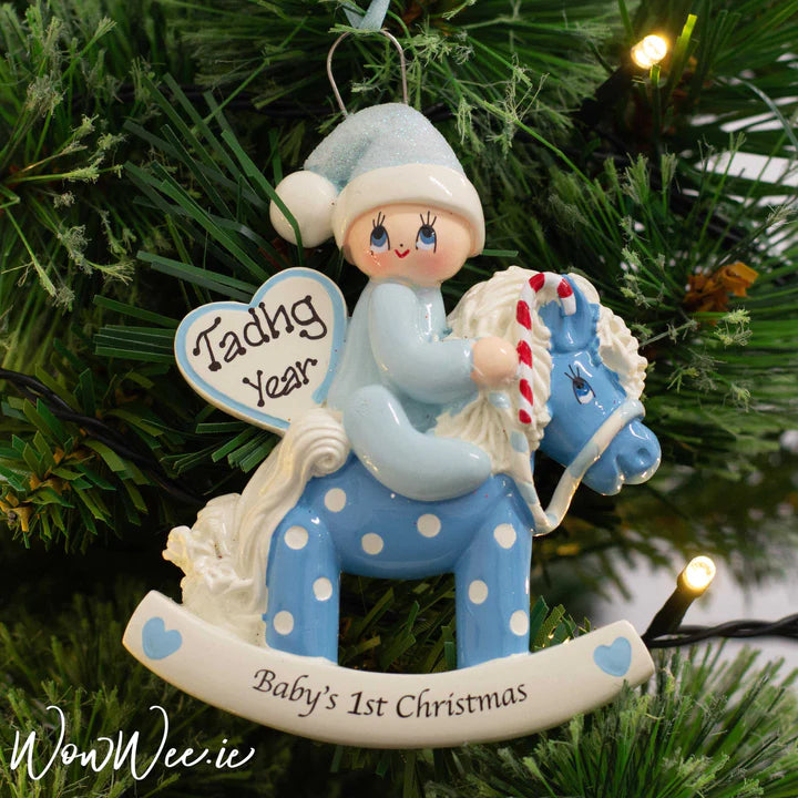 Personalised Baby's First Christmas Gift Set - Bailey Bear & Baby's 1st Christmas Ornament - Rocking Horse Blue