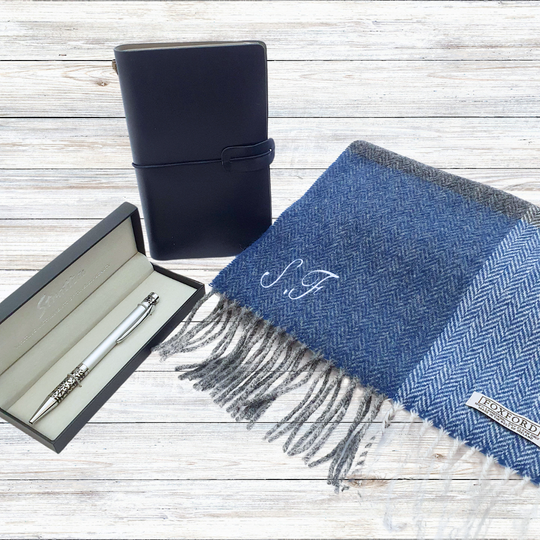 Personalised Navy Block Foxford Scarf , Stratton Ball Point Pen & Leather Journal Gift Set for Men