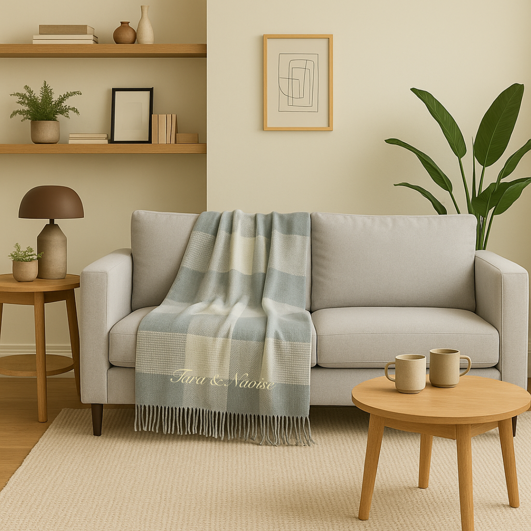 Personalised Throw by Foxford -Tara Sage Blue Cashmere and Lambswool IRISH LUXURY