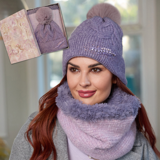 Ladies Knit Hat & Reversible Snood Set in Luxury Gift Box - Purple Wisteria