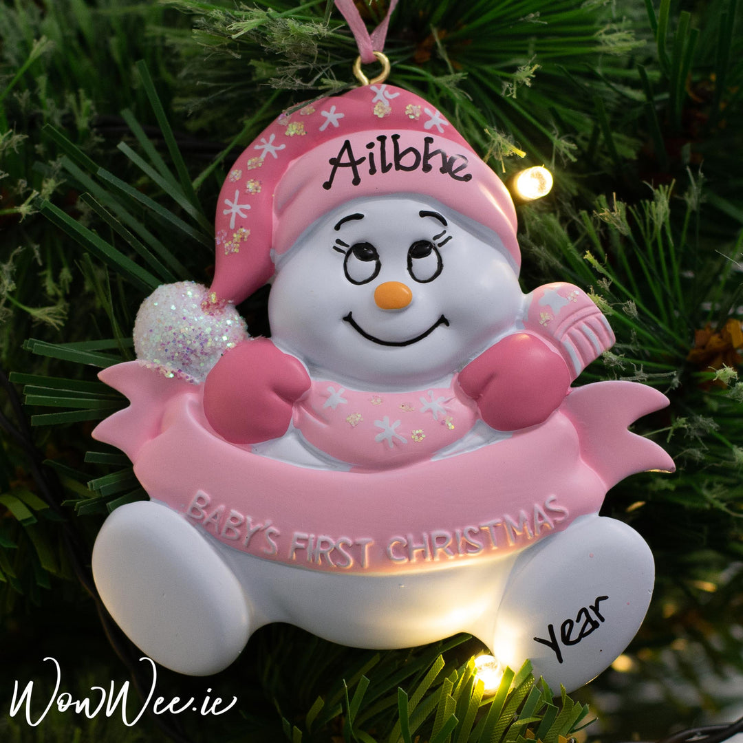 Personalised Baby's 1st Christmas Ornament - Pink Snowman with Banner - WowWee.ie Personalised Gifts