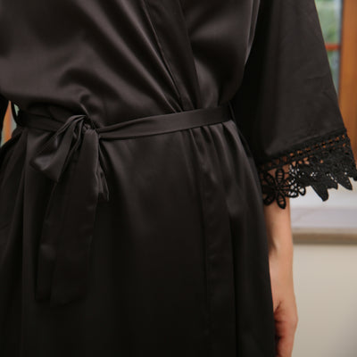 Personalised Floral Crochet & Satin Robe - Black - NEW for 2023