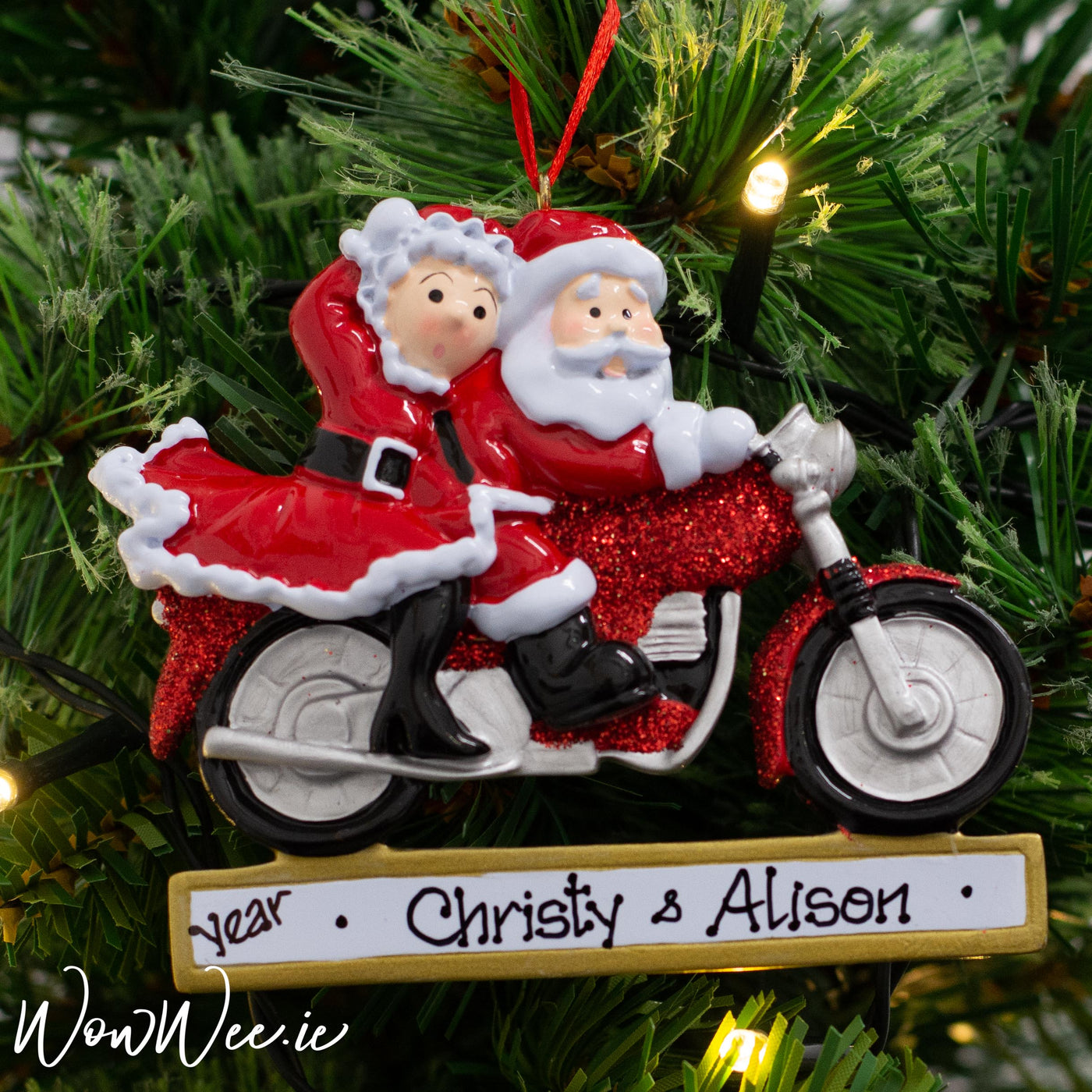 Personalised Christmas Ornament - Santa Couple on Motorbike - WowWee.ie Personalised Gifts