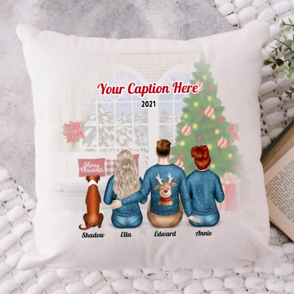 Personalised Christmas Family with Dog Cushion - Siblings/ Friends 2 Female & 1 Male