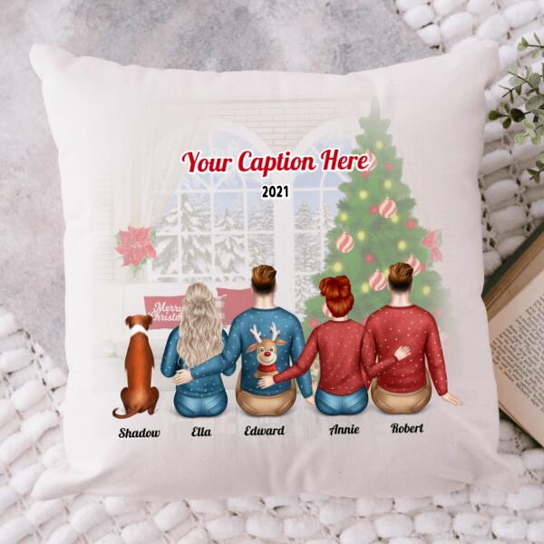 Personalised Christmas Family with Dog Cushion - Siblings/ Friends 2 Female & 2 Male