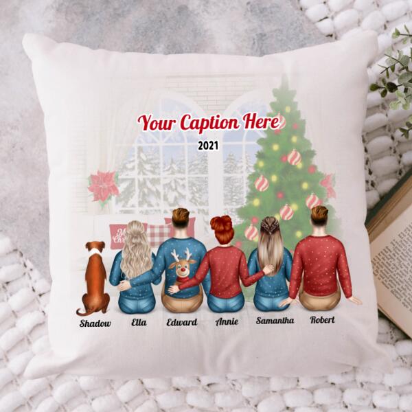 Personalised Christmas Family with Dog Cushion - Siblings/ Friends 3 Female & 2 Male