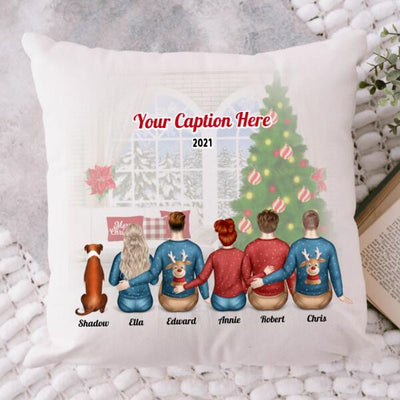 Personalised Christmas Family with Dog Cushion - Siblings/ Friends 2 Female & 3 Male