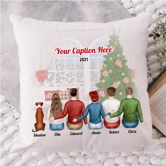 Personalised Christmas Family with Dog Cushion - Siblings/ Friends 2 Female & 3 Male