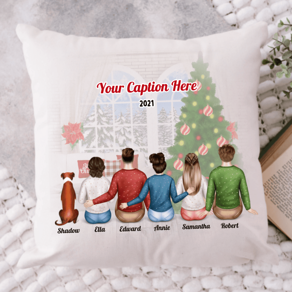 Personalised Christmas Family with Dog Cushion - Siblings/ Friends 3 Female & 2 Male