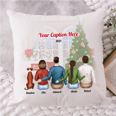 Personalised Christmas Family with Dog Cushion - Siblings/ Friends 2 Female & 2 Male