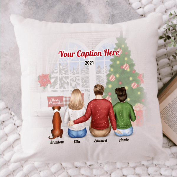 Personalised Christmas Family with Dog Cushion - Siblings/ Friends 2 Female & 1 Male