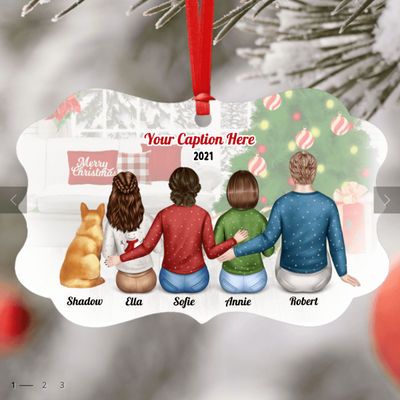 Personalised Christmas Family with Dog Ornament - Parents, Adult Daughter & Teenager