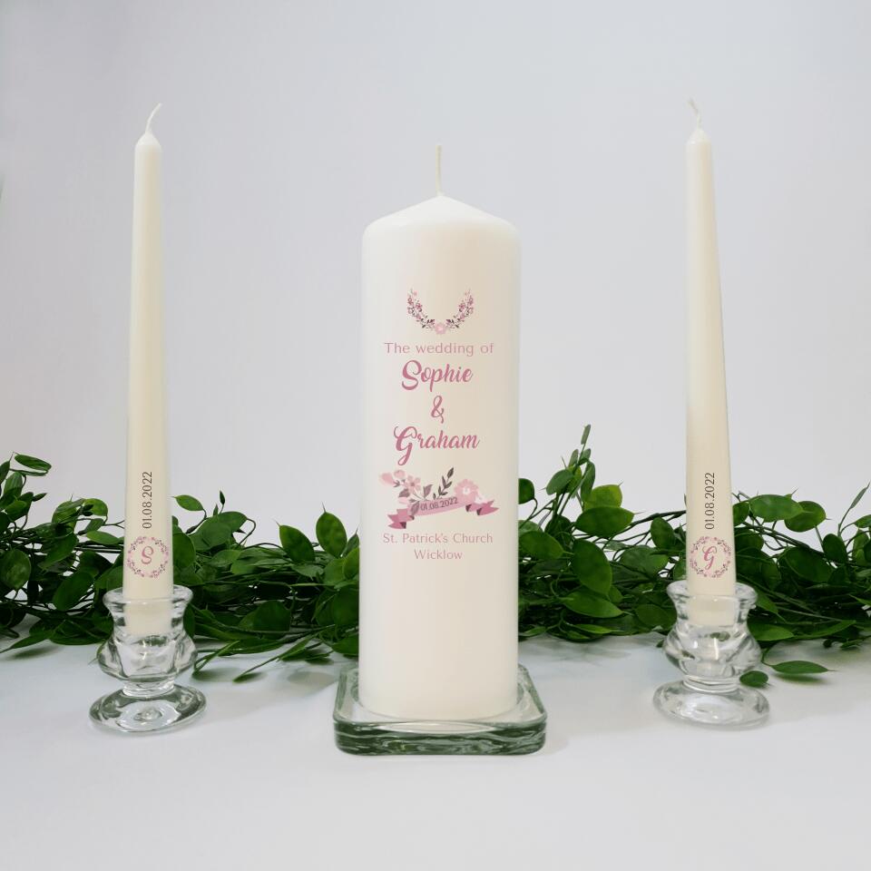 Personalised Wedding Candles Unity Set - Blush Pink - with Candle Holders & Keepsake Pouch
