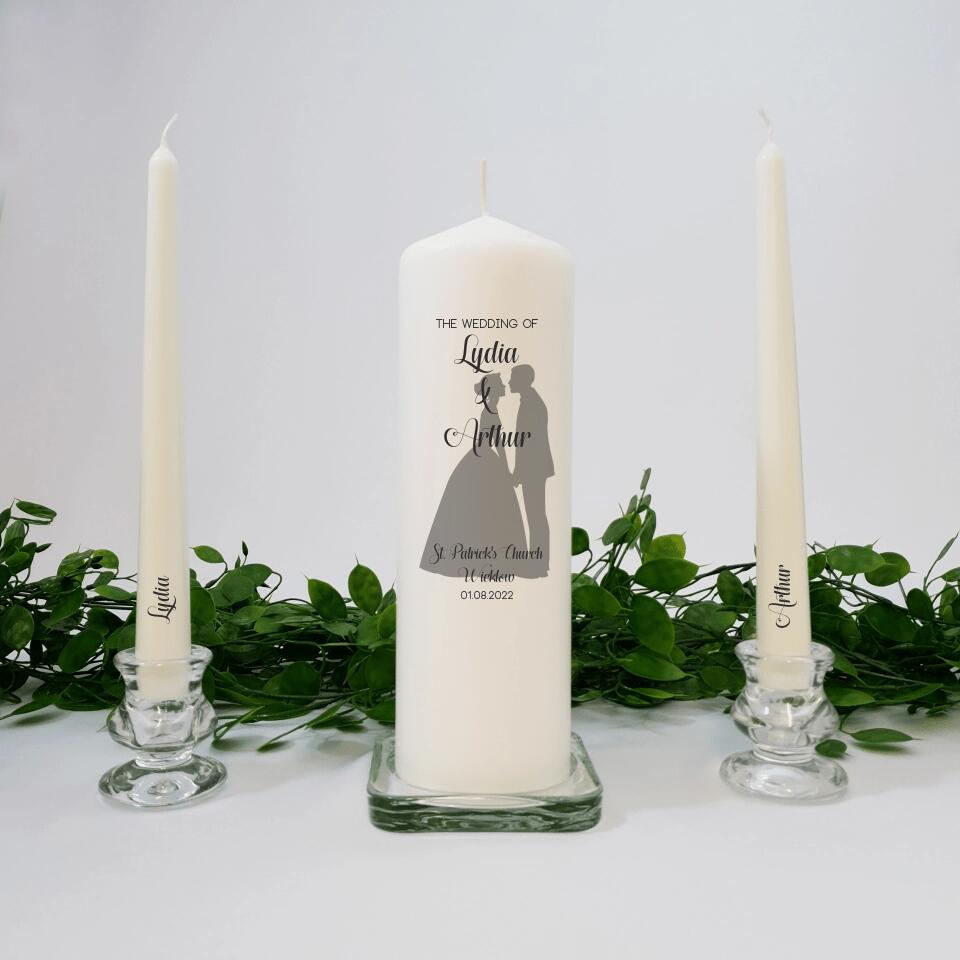 Personalised Wedding Candles Unity Set - Silhouette Couple - with Candle Holders & Keepsake Pouch