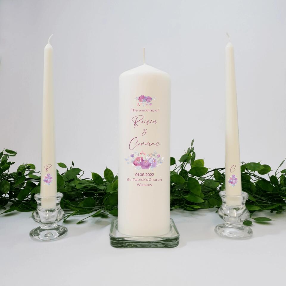 Personalised Wedding Candles Unity Set - Watercolour Flowers - with Candle Holders & Keepsake Pouch