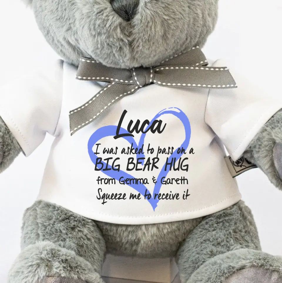 Personalised Grey Teddy Bear - Big Bear Hug -Blue