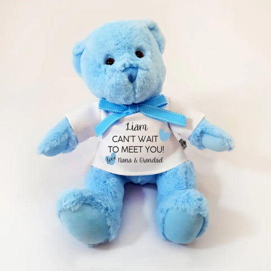 Personalised Blue Teddy Bear - Can't Wait to Meet You - Baby Boy