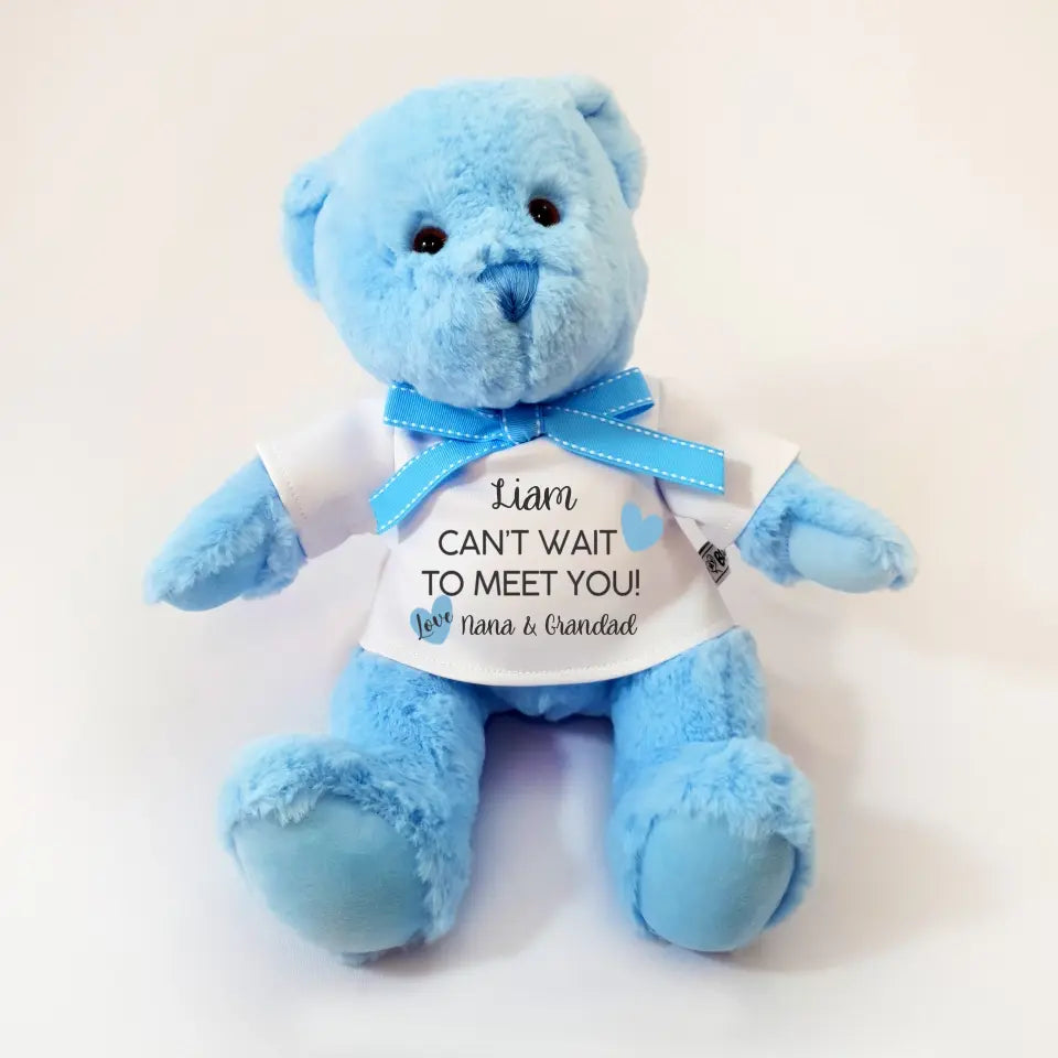 Personalised Blue Teddy Bear - Can't Wait to Meet You - Baby Boy
