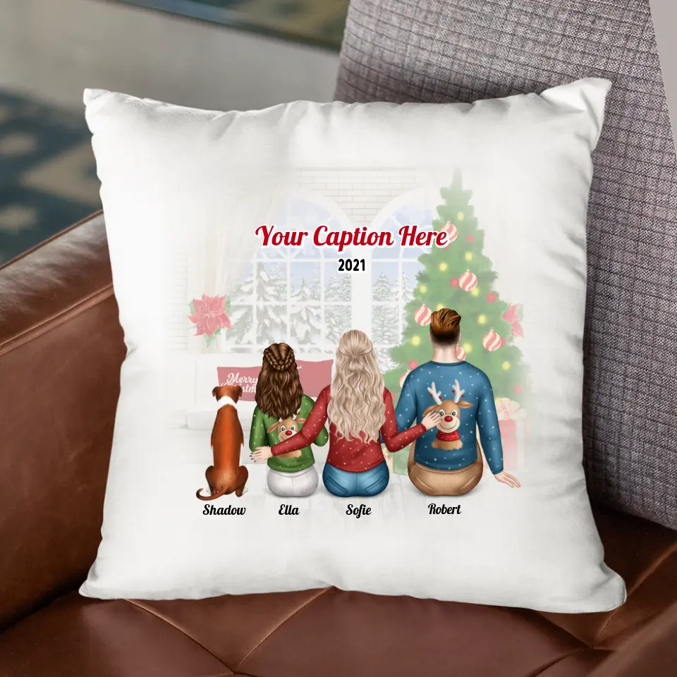 Personalised Christmas Family with Dog Cushion - Choose Your Family Size