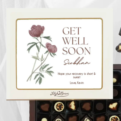 Personalised Box of Lily O'Brien's Chocolates- Get Well Soon with Poppies