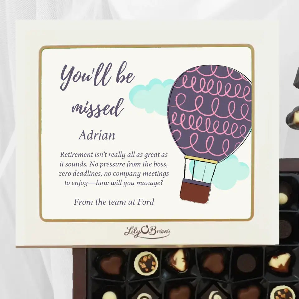 Personalised Box of Lily O'Brien's Chocolates for Retirement - Hot Air Balloon
