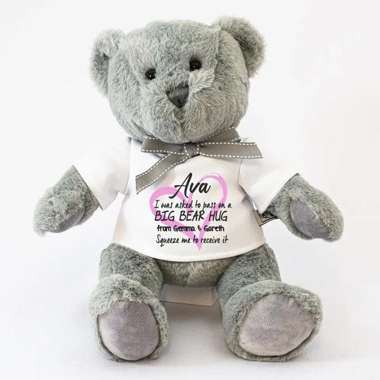 Personalised Grey Teddy Bear - Big Bear Hug - Pink