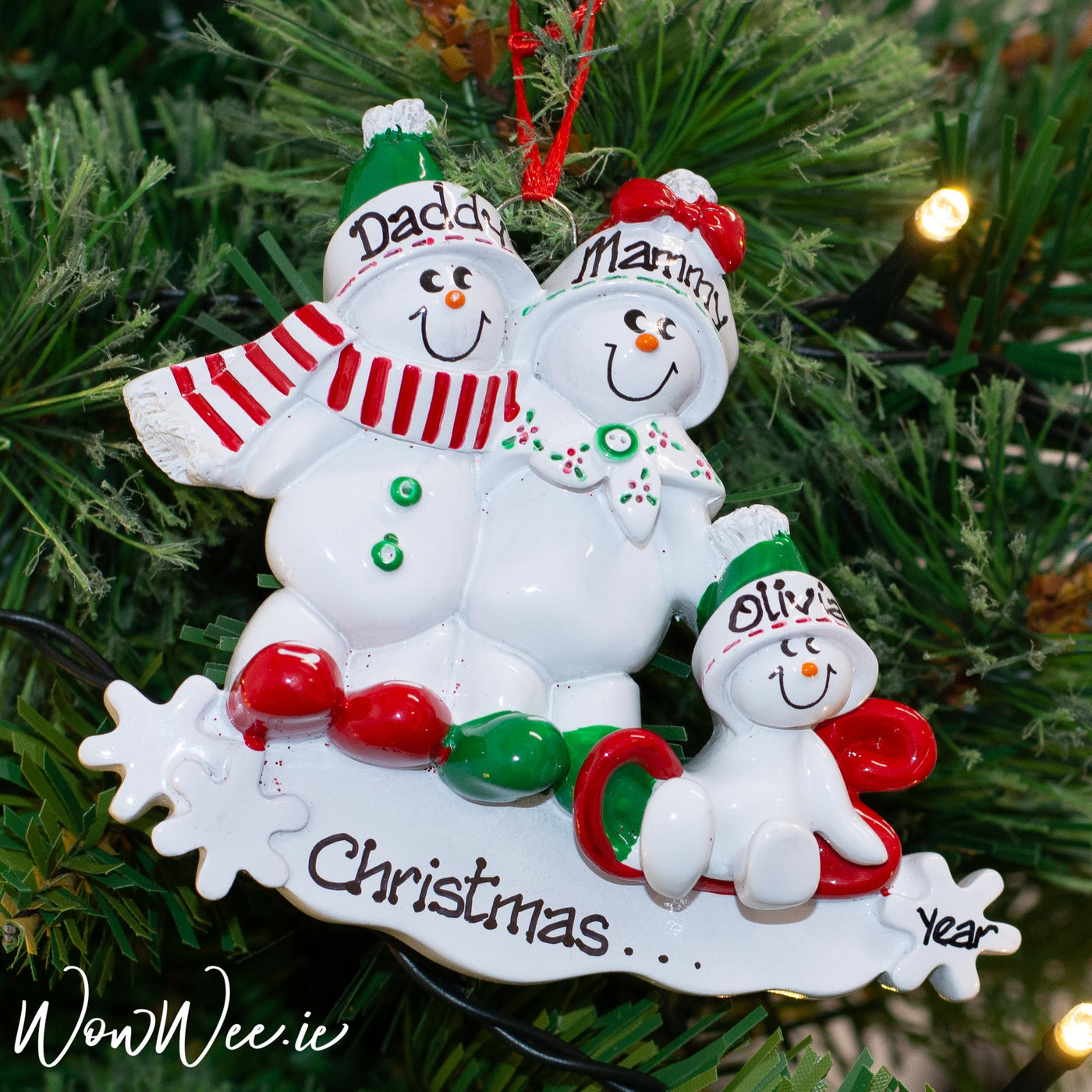 Personalised Christmas Tree Decorations - Snowman Sled 3 - WowWee.ie Personalised Gifts