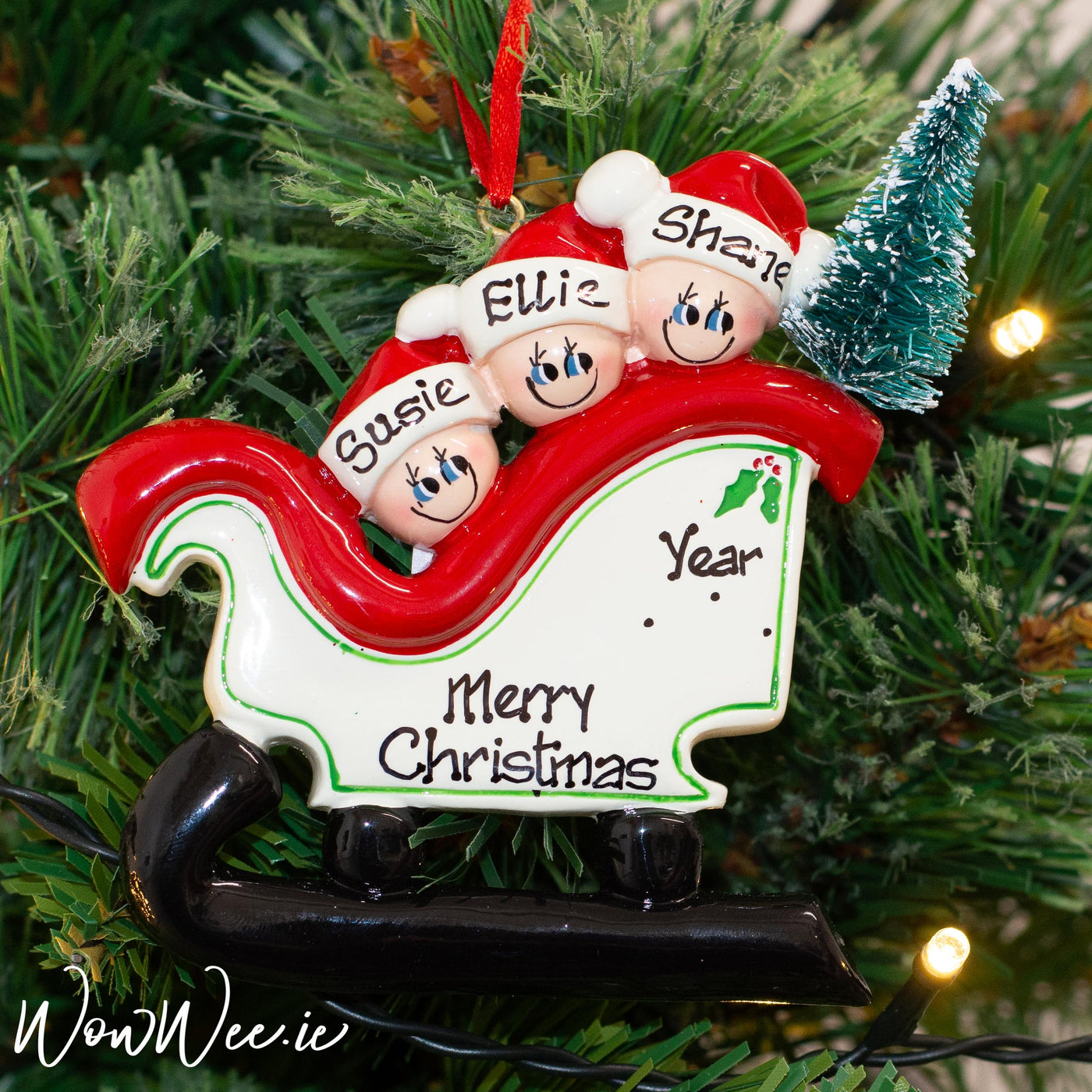 Personalised Christmas Ornament - Sleigh Family of 3 with Tree - WowWee.ie Personalised Gifts