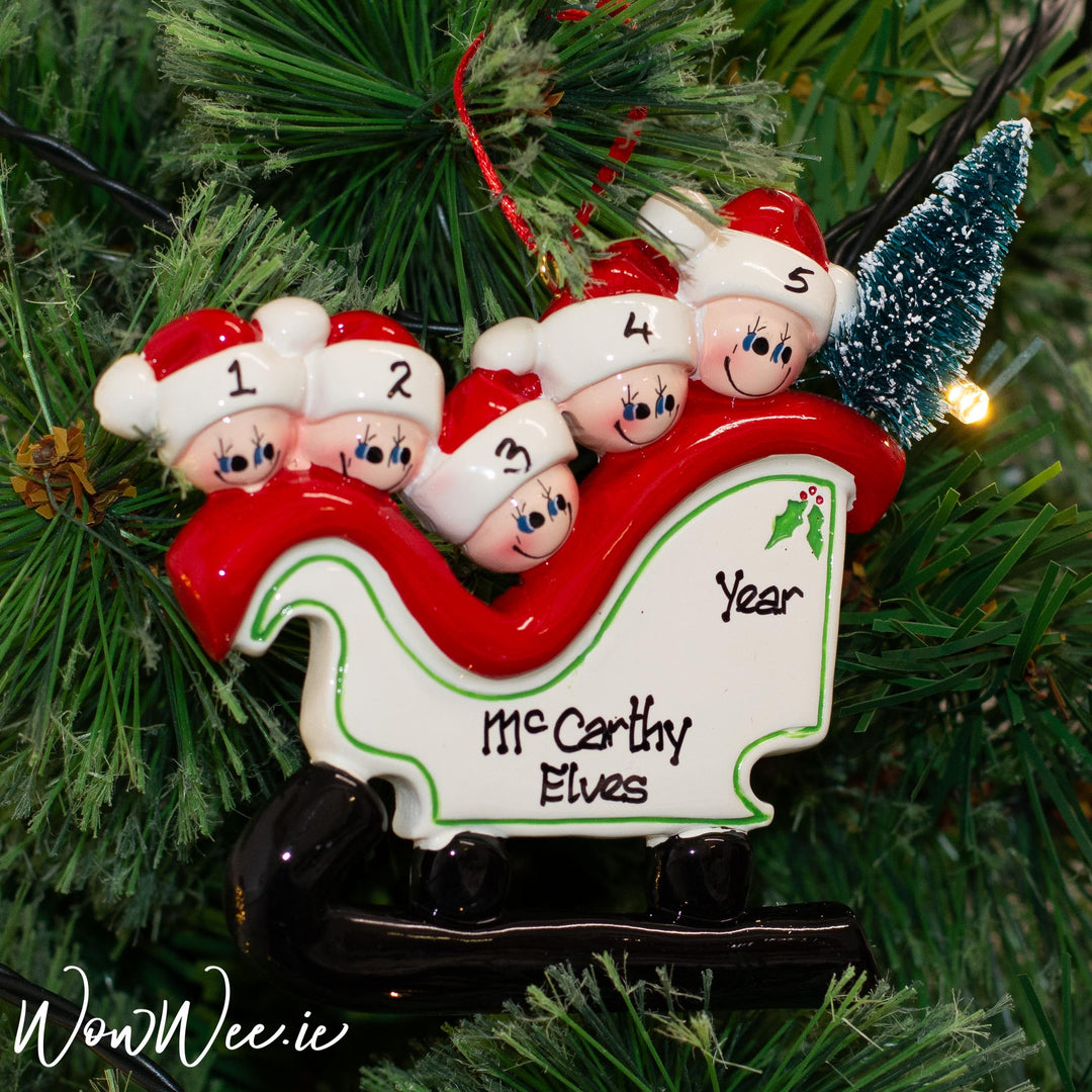 Personalised Christmas Decorations - Sleigh Family 5 with Tree - WowWee.ie Personalised Gifts