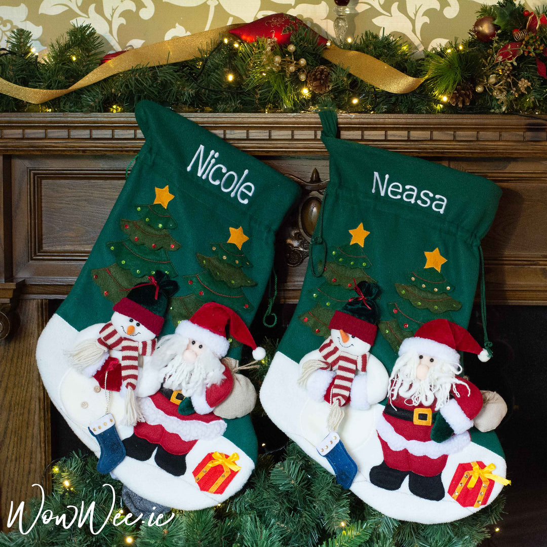 Personalised Giant Green Christmas Stocking/Sack - Santa and Snowman - WowWee.ie Personalised Gifts