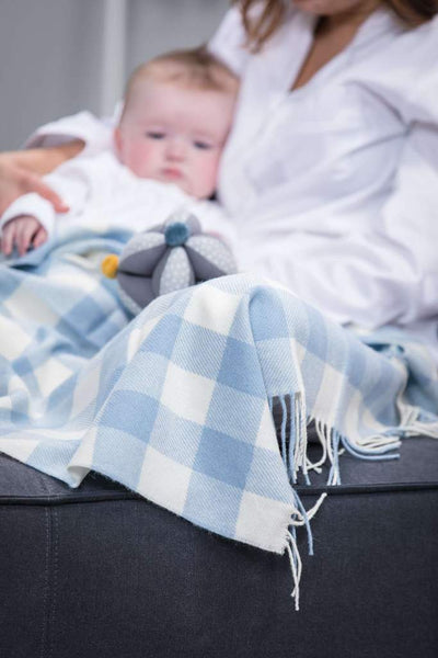 Personalised Foxford Baby Blanket - Gentle Blue & Cream Check - WowWee.ie Personalised Gifts