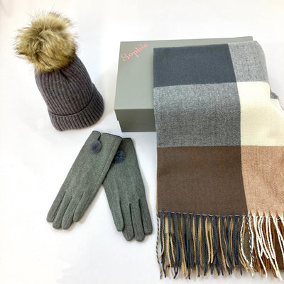 Ladies Scarf, Hat & Gloves - in Personalised Grey Gift Box