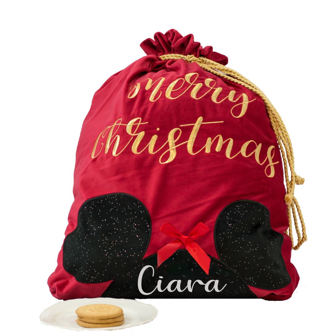 Personalised Luxury Velvet Santa Sack - Minnie Mouse - personalised with name in white