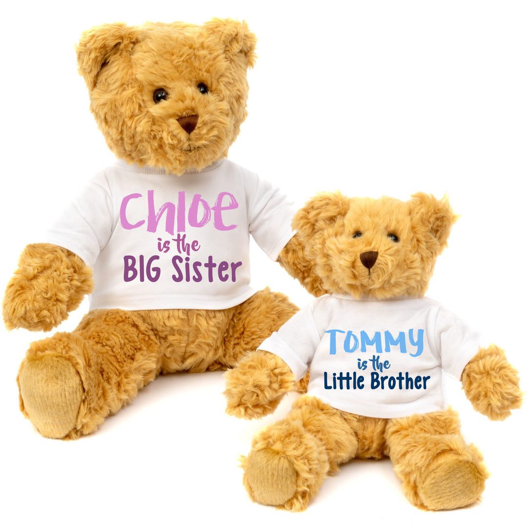 Two beige teddy bears with personalized white T-shirts; one states 'Chloe is the BIG Sister' and the other 'Tommy is the Little Brother'.