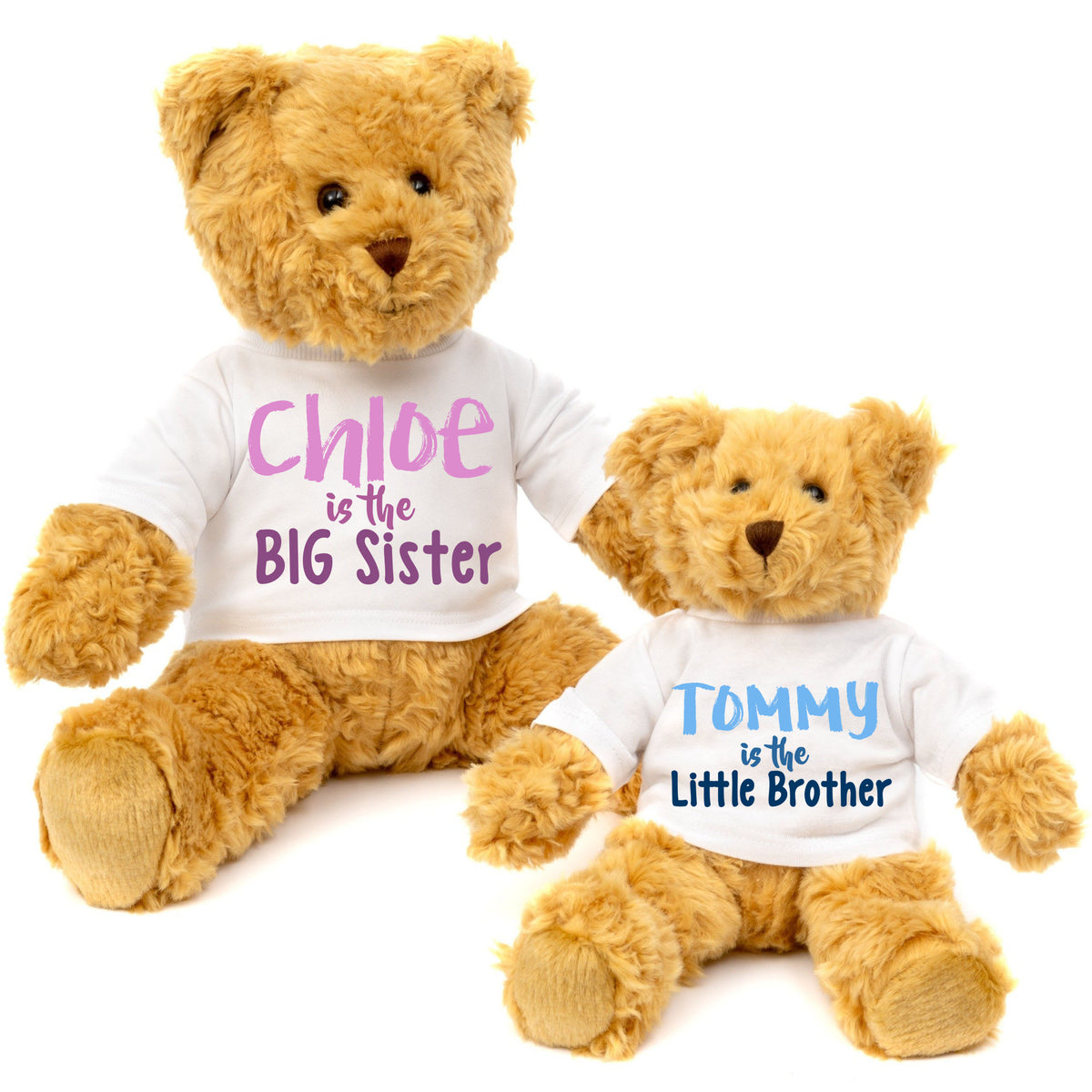 Two beige teddy bears with personalized white T-shirts; one states 'Chloe is the BIG Sister' and the other 'Tommy is the Little Brother'.