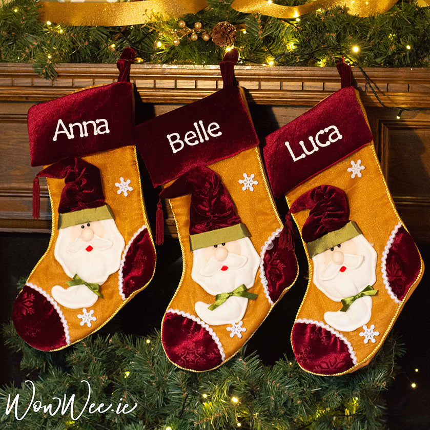Here at WowWee.ie we embroider and package each and every order for Personalised Christmas Stocking as if they were our own. There is so much magic in seeing your name on one of our Luxury Velvet Wine & Gold Stockings. 