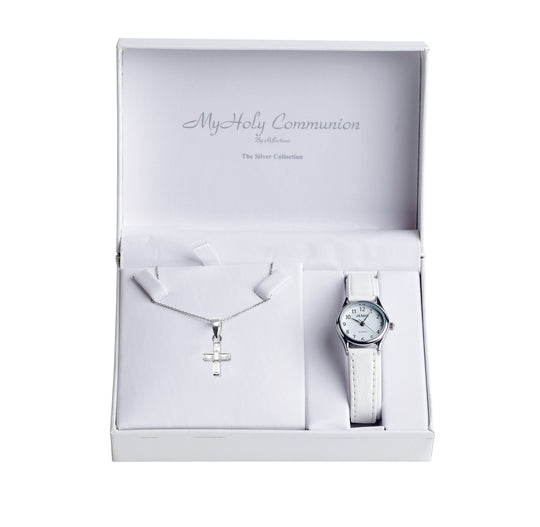 Silver Communion Watch and Necklace Gift Set - Cross