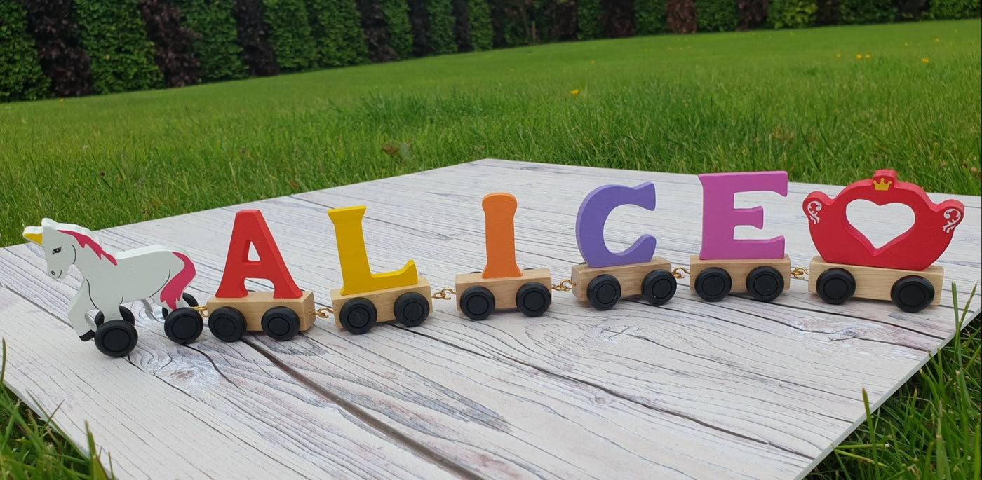 Personalised Wooden Letter Unicorn Princess Train for Girls - with Track - WowWee.ie