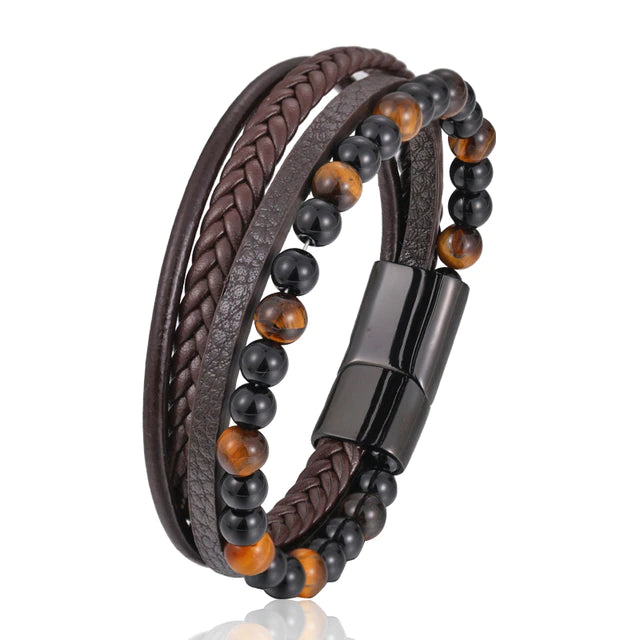 Cuff Bracelet for Men - Leather & Tiger Eye Bead