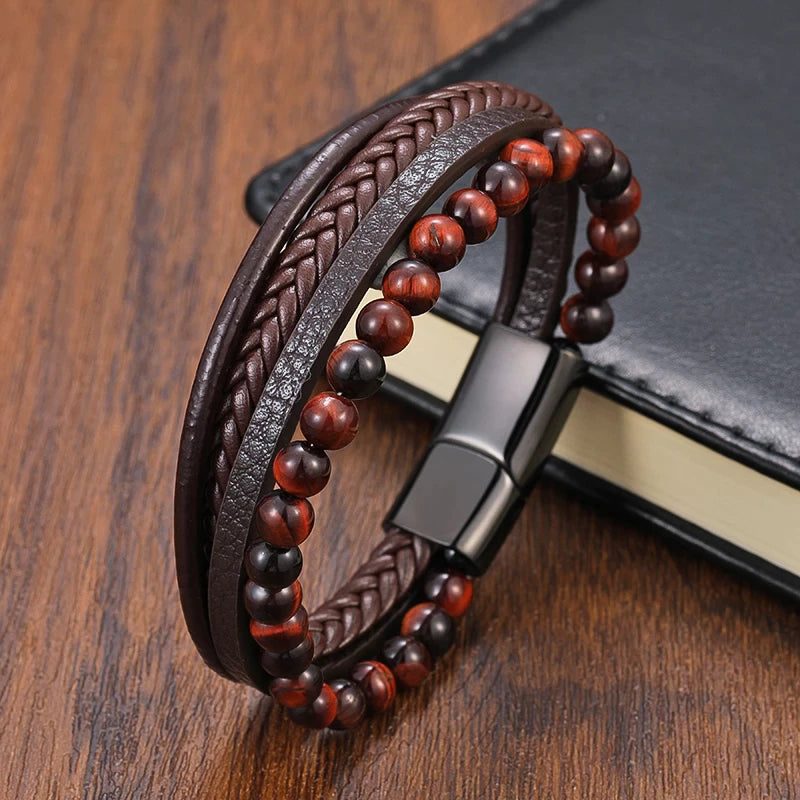 Cuff Bracelet for Men - Leather & Tiger Eye Bead