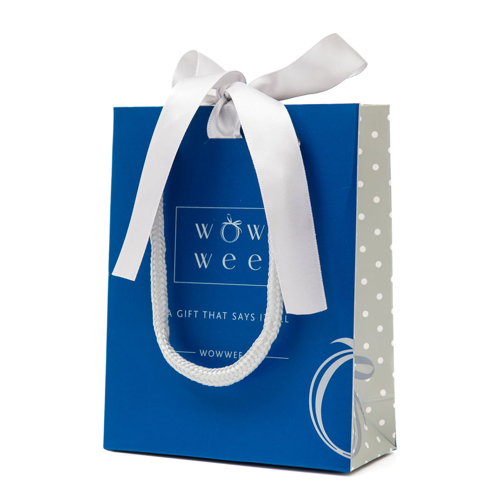 A blue and white gift bag with polka dots and a white ribbon, branded with 'WowWee'.