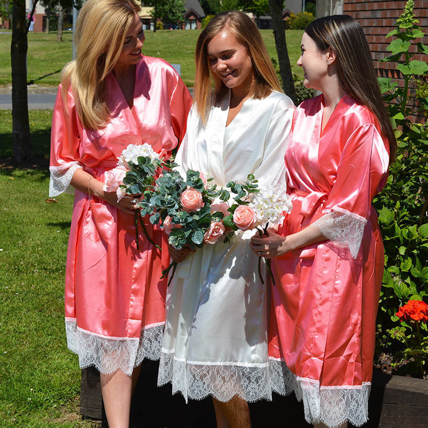Personalised Delicate Lace & Satin Bridal Robes - Coral Island Bridal Party Set of 3+ - WowWee.ie Personalised Gifts