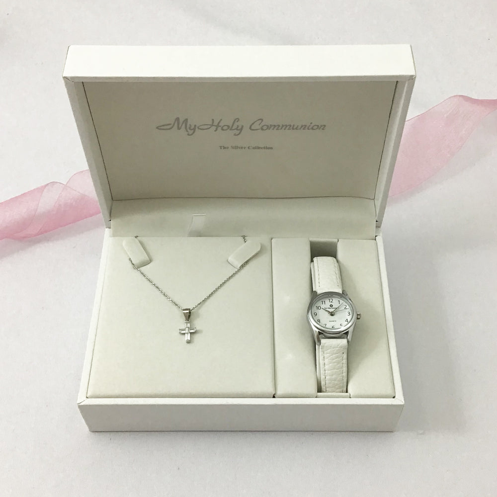 Silver Communion Watch and Necklace Gift Set - Cross