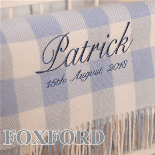 Personalised Foxford Baby Blanket - Gentle Blue & Cream Check - WowWee.ie Personalised Gifts