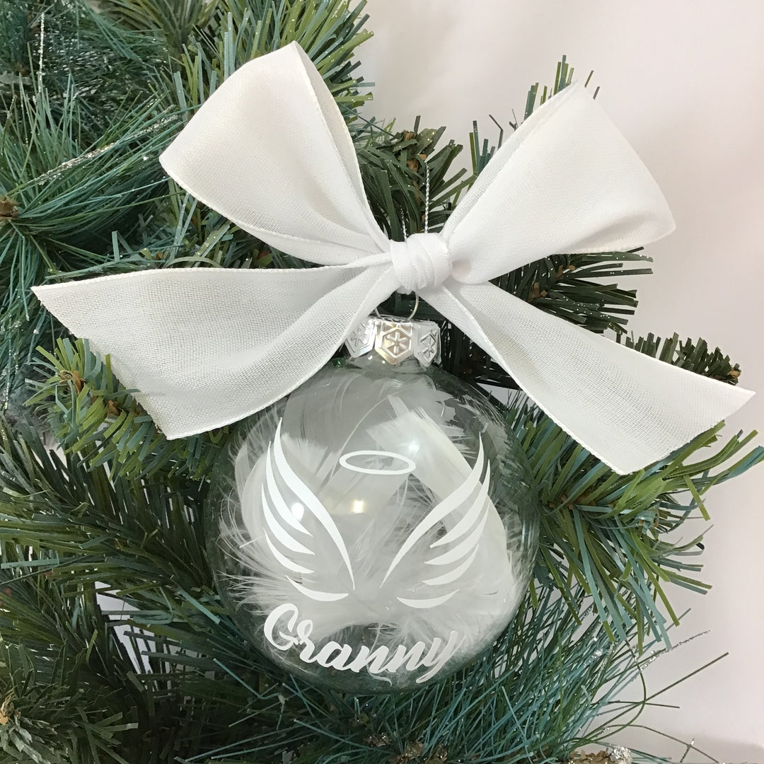 Personalised Luxury Christmas Memorial Bauble -  Angel Wings with Feathers - 8cm