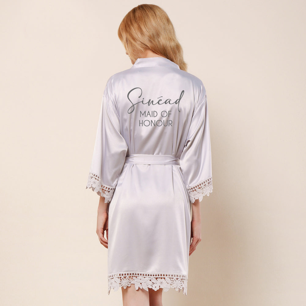 Personalised Floral Crochet & Satin Bridal Robe - Light Grey - NEW for 2023