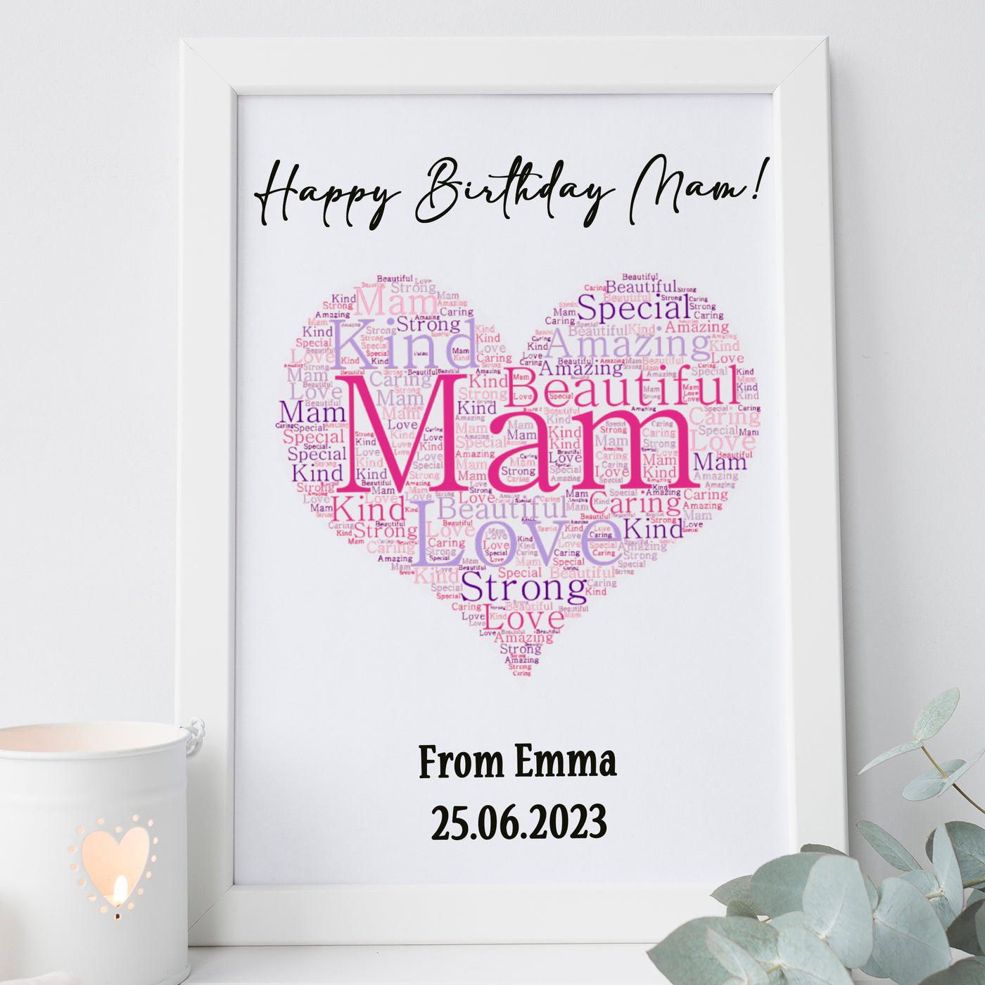 Personalised Heart Word Cloud Framed Print For Mam - For Any Occasion