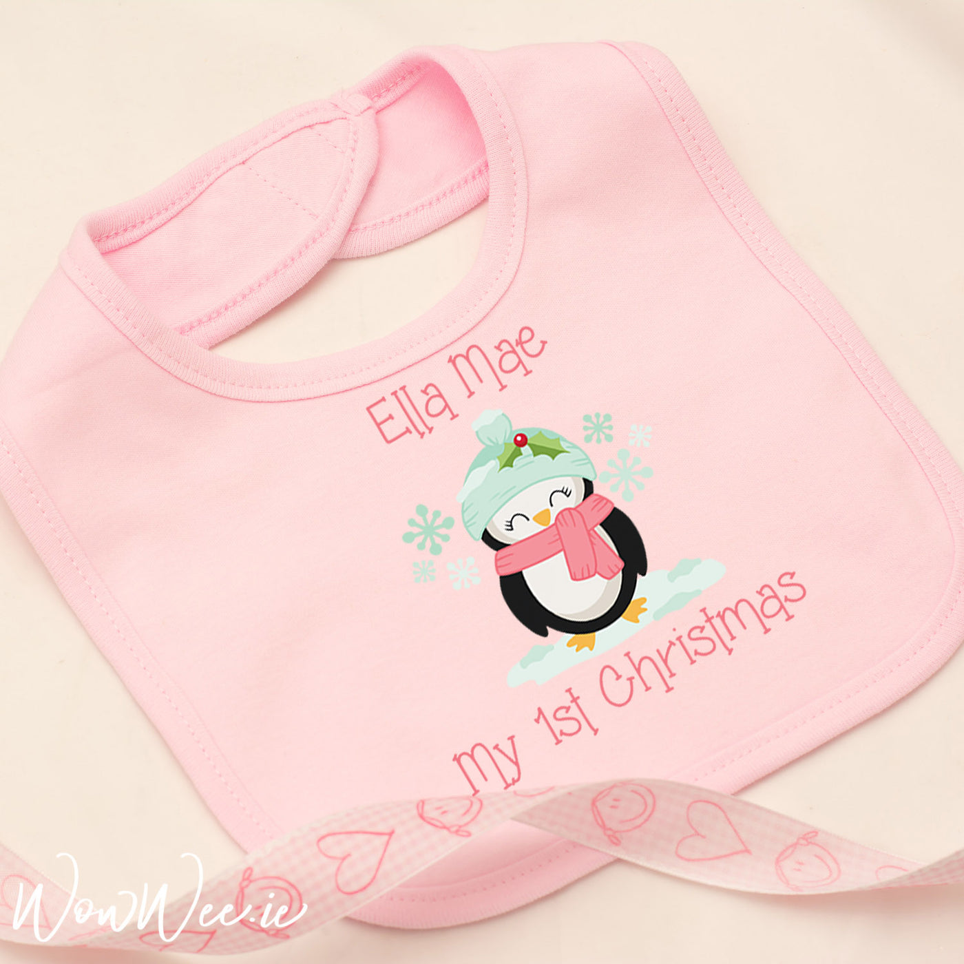 Personalised My First Christmas Bib for Girls - Penguin - WowWee.ie Personalised Gifts