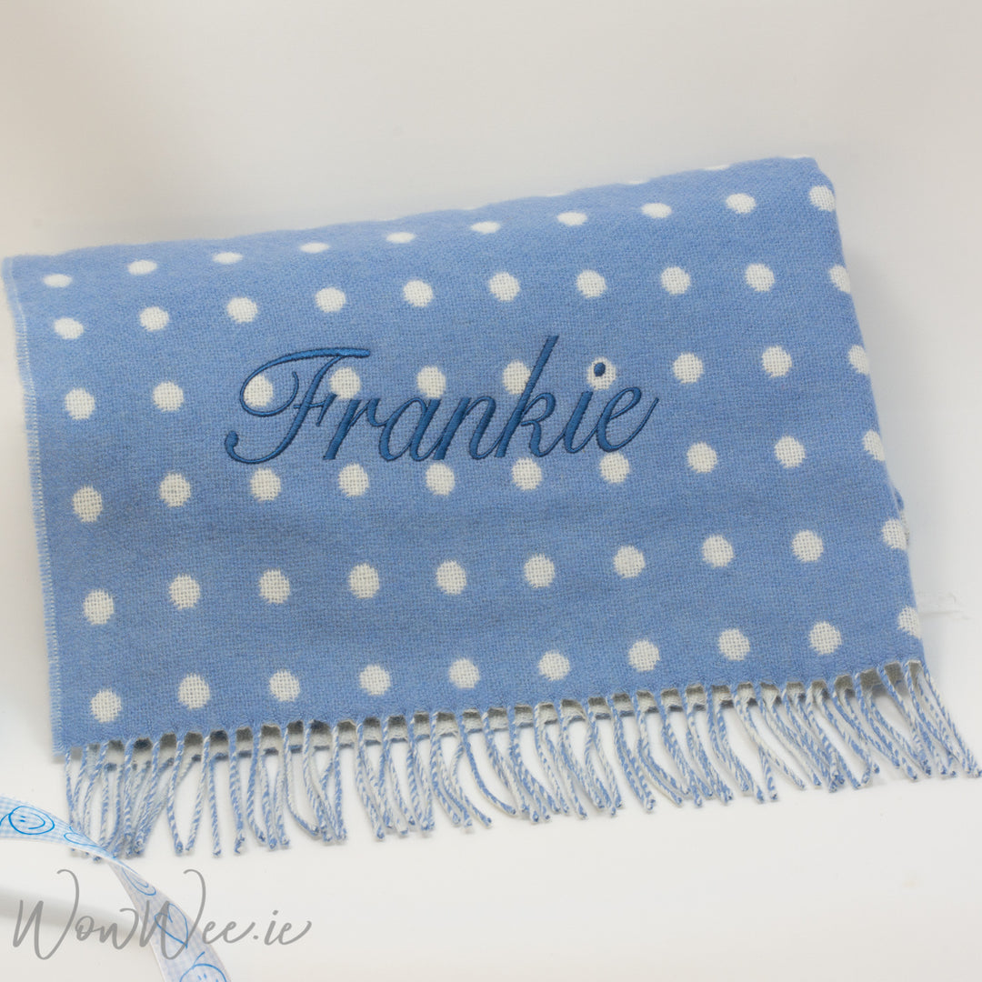 Personalised Foxford Baby Blanket - Gentle Blue & White Spot - WowWee.ie Personalised Gifts