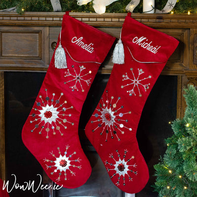 Personalised large velvet Christmas Stocking with silver snowflakes and embroidered name | WowWee.ie